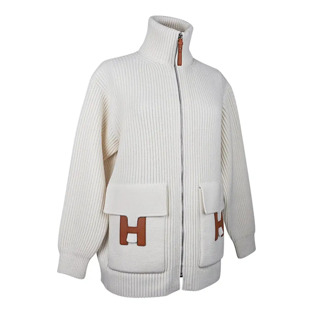 Hermes H Pocket Logo Blanc Zip Up Zipper Cardigan Sweater Wool Knit Jacket 38 - Picture 13 of 16